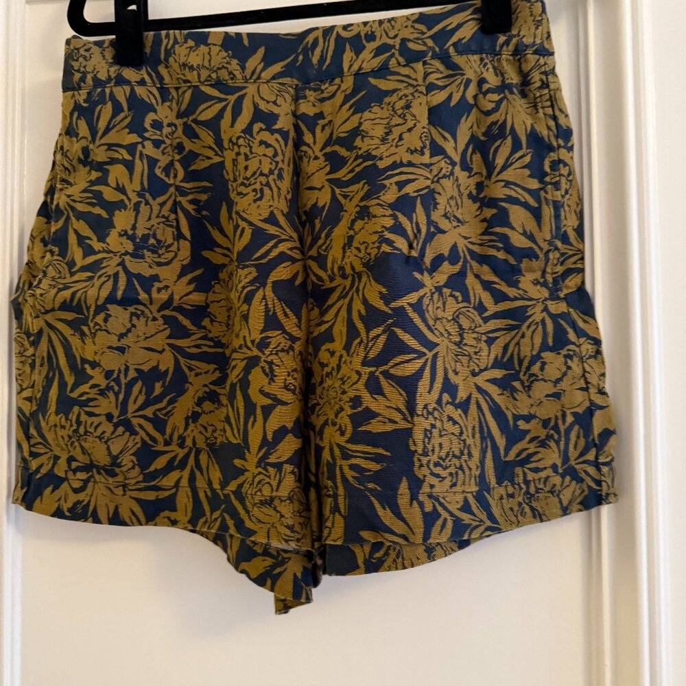 Madewell: Navy Blue + Chartreuse Printed Linen Shorts, Size: Medium
